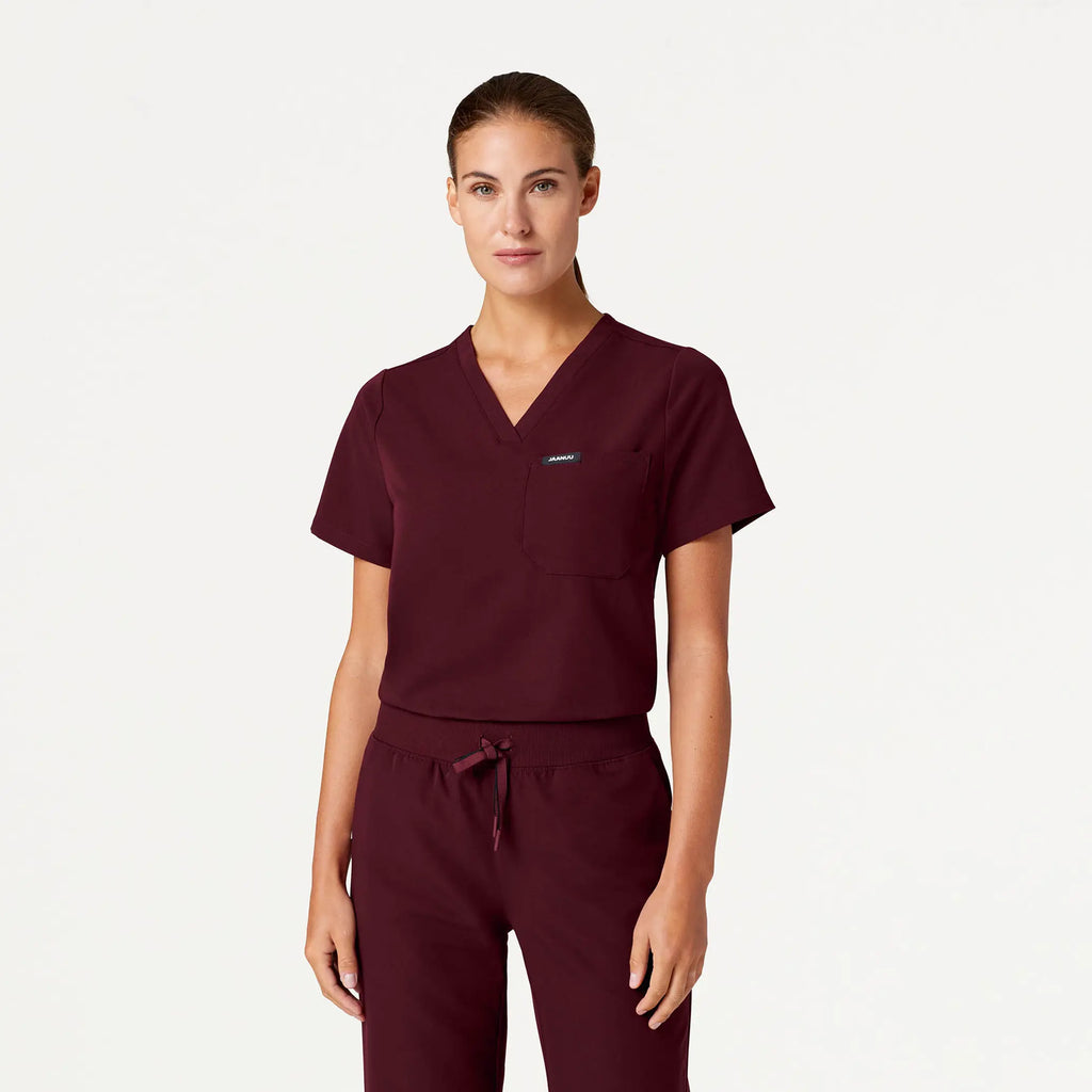 Jaanuu Scrubs Women's Rhena Essential 1-Pocket Scrub Top Burgundy | scrub-supply.com