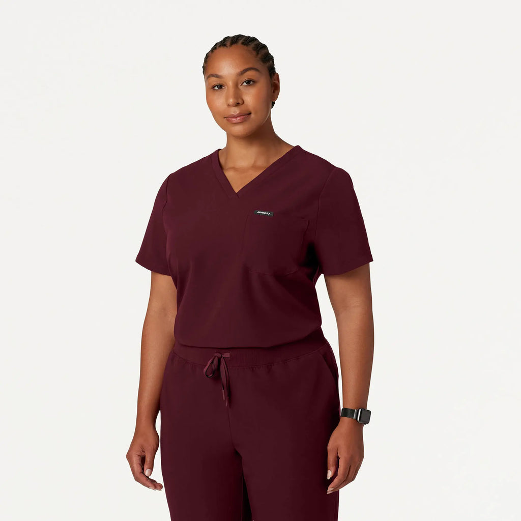 Jaanuu Scrubs Women's Rhena Essential 1-Pocket Scrub Top Burgundy | scrub-supply.com