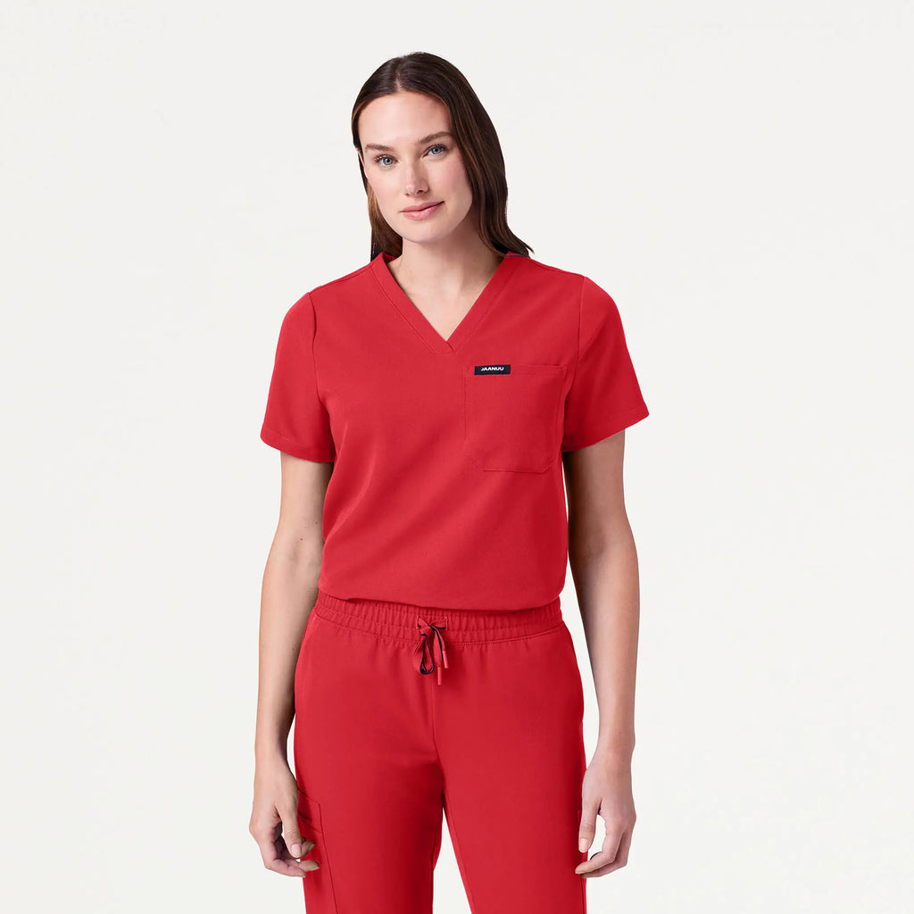 Jaanuu Scrubs Women's Rhena Essential 1-Pocket Scrub Top Brilliant Red | scrub-supply.com