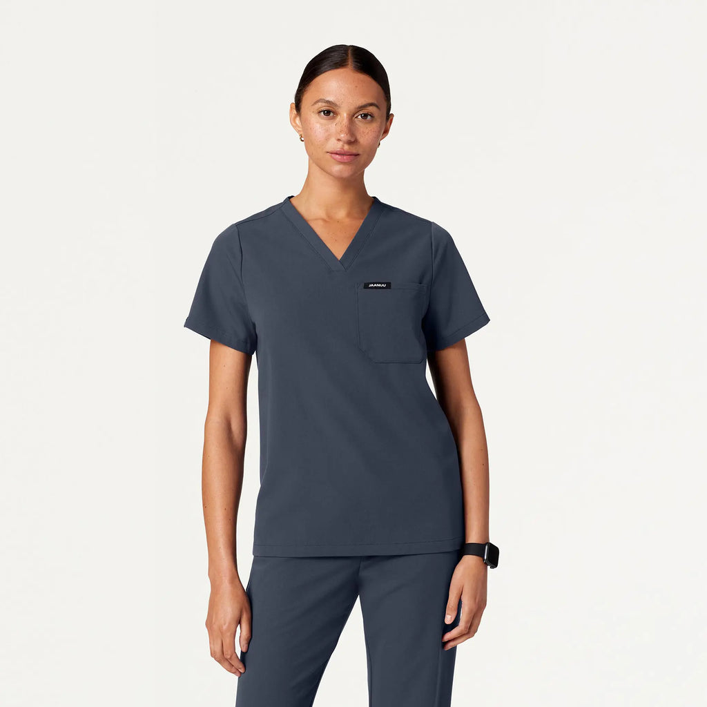 Jaanuu Scrubs Women's Rhena Essential 1-Pocket Scrub Top Carbon Gray | scrub-supply.com