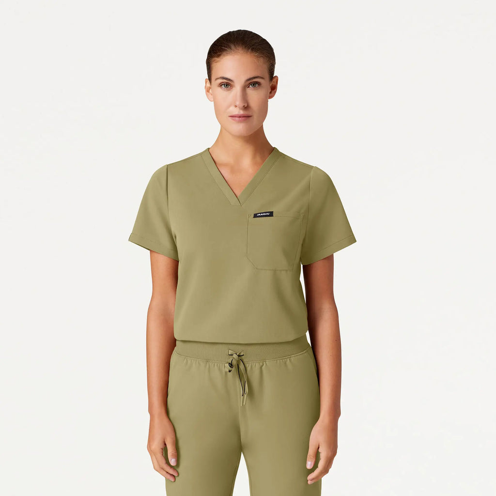 Jaanuu Scrubs Women's Rhena Essential 1-Pocket Scrub Top Ceramic Khaki | scrub-supply.com