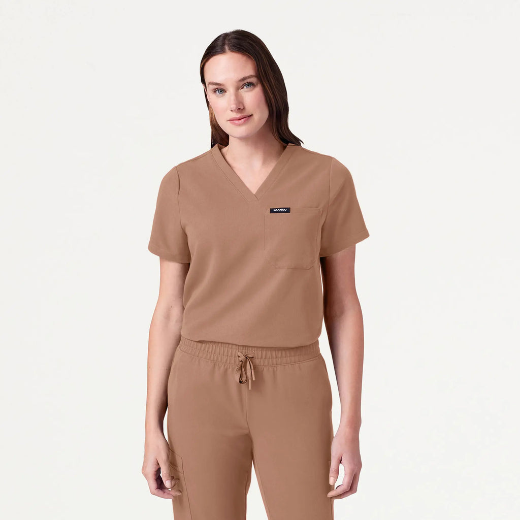 Jaanuu Scrubs Women's Rhena Essential 1-Pocket Scrub Top Clay | scrub-supply.com