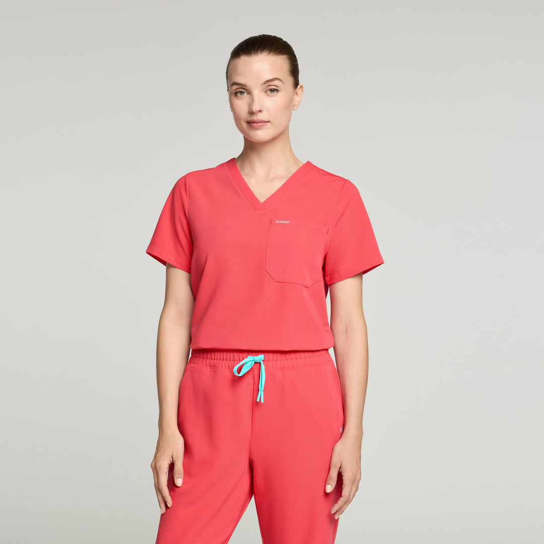 Jaanuu Scrubs Women's Rhena Essential 1-Pocket Scrub Top Coral | scrub-supply.com