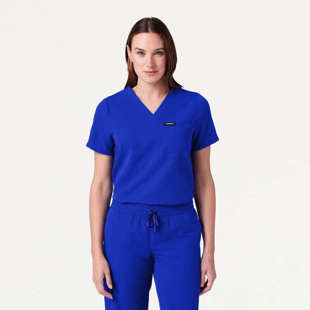 Jaanuu Scrubs Women's Rhena Essential 1-Pocket Scrub Top Electric Blue | scrub-supply.com