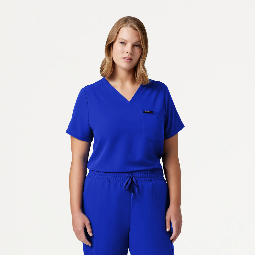 Jaanuu Scrubs Women's Rhena Essential 1-Pocket Scrub Top Electric Blue | scrub-supply.com