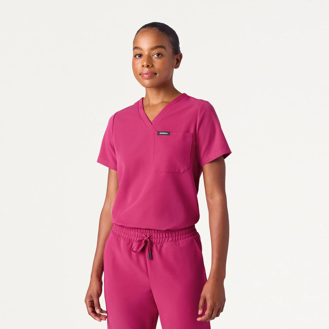 Jaanuu Scrubs Women's Rhena 1-Pocket Scrub Top Wild Berry | scrub-supply.com