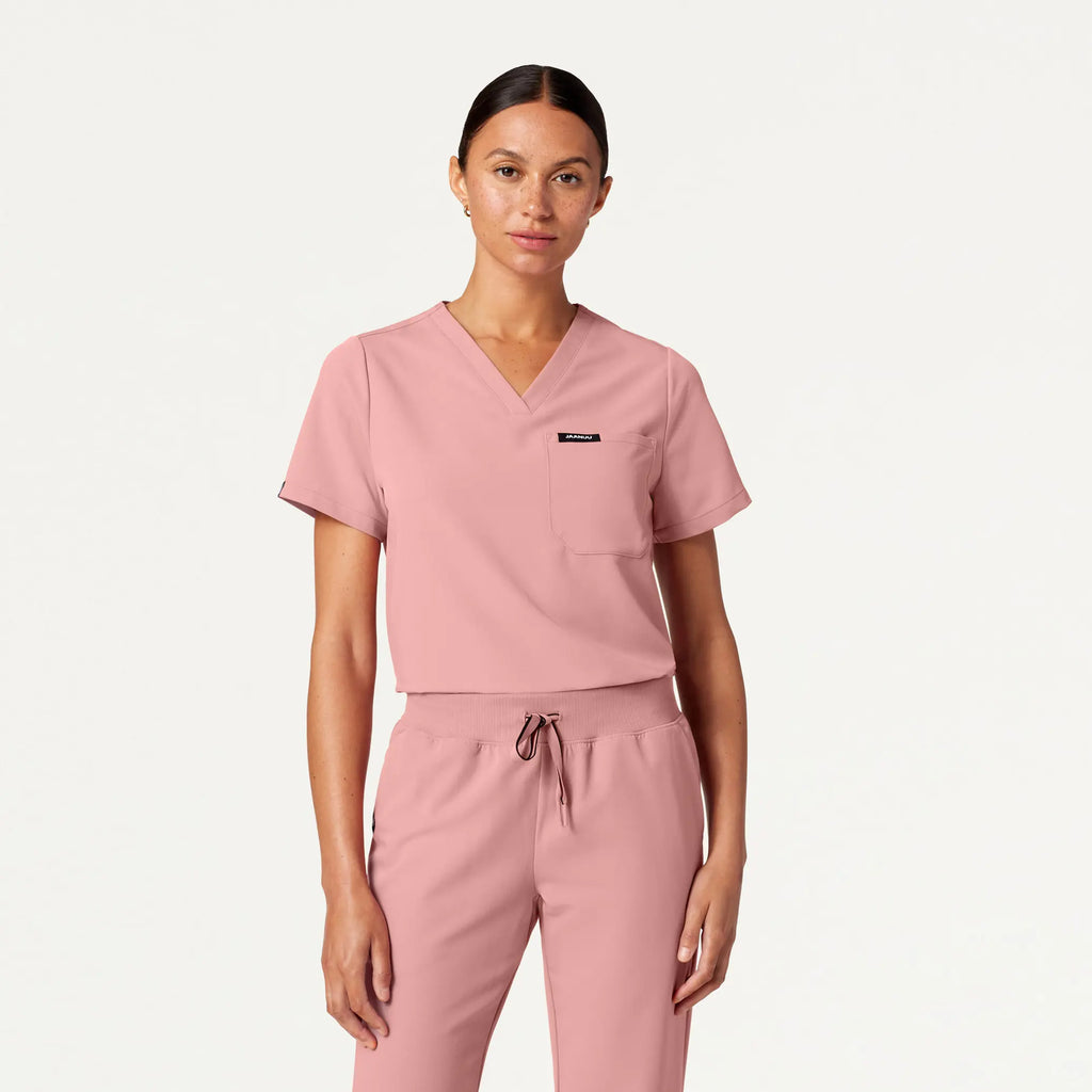 Jaanuu Scrubs Women's Rhena Essential 1-Pocket Scrub Top Mauve | scrub-supply.com