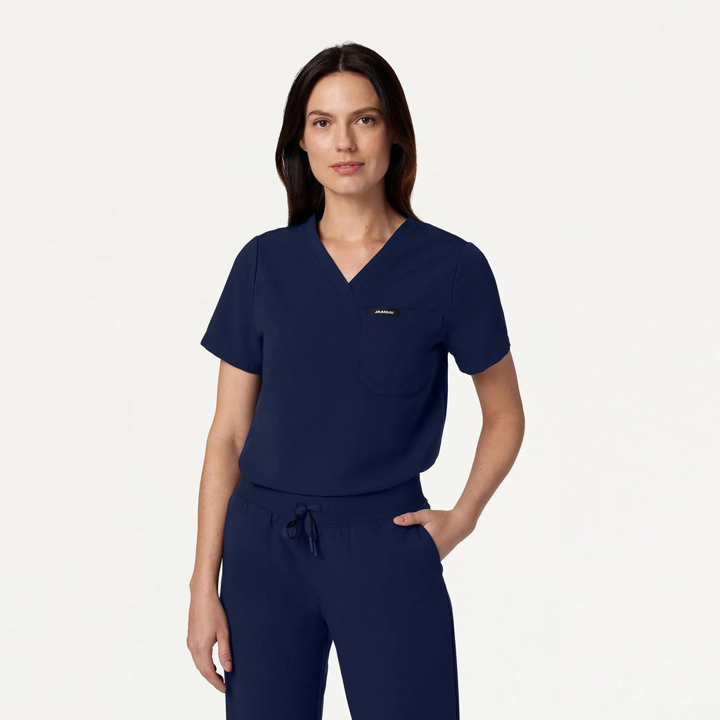 Jaanuu Scrubs Women's Rhena Essential 1-Pocket Scrub Top Midnight Navy | scrub-supply.com