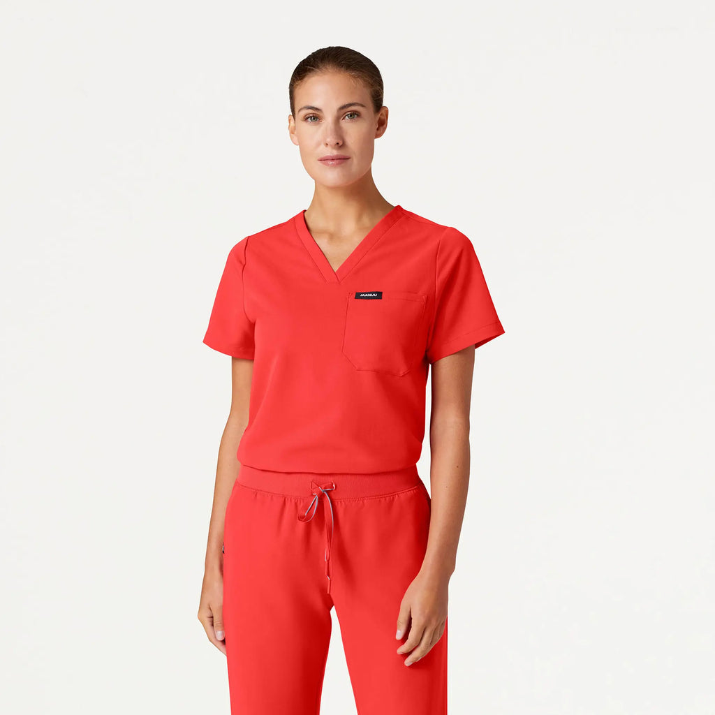 Jaanuu Scrubs Women's Rhena Essential 1-Pocket Scrub Top Solar Red | scrub-supply.com