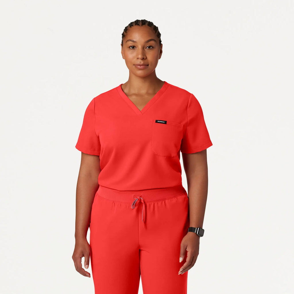 Jaanuu Scrubs Women's Rhena Essential 1-Pocket Scrub Top Solar Red | scrub-supply.com