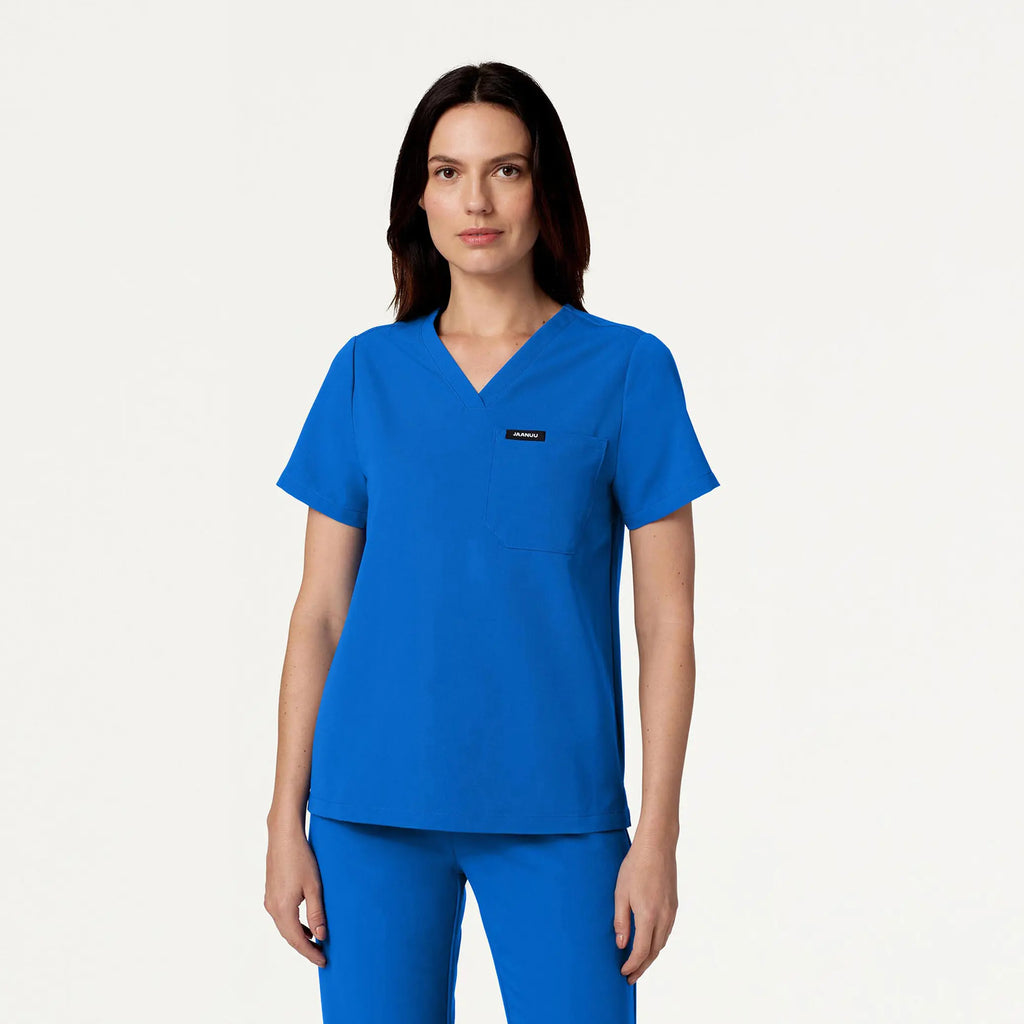 Jaanuu Scrubs Women's Rhena Essential 1-Pocket Scrub Top Royal Blue | scrub-supply.com