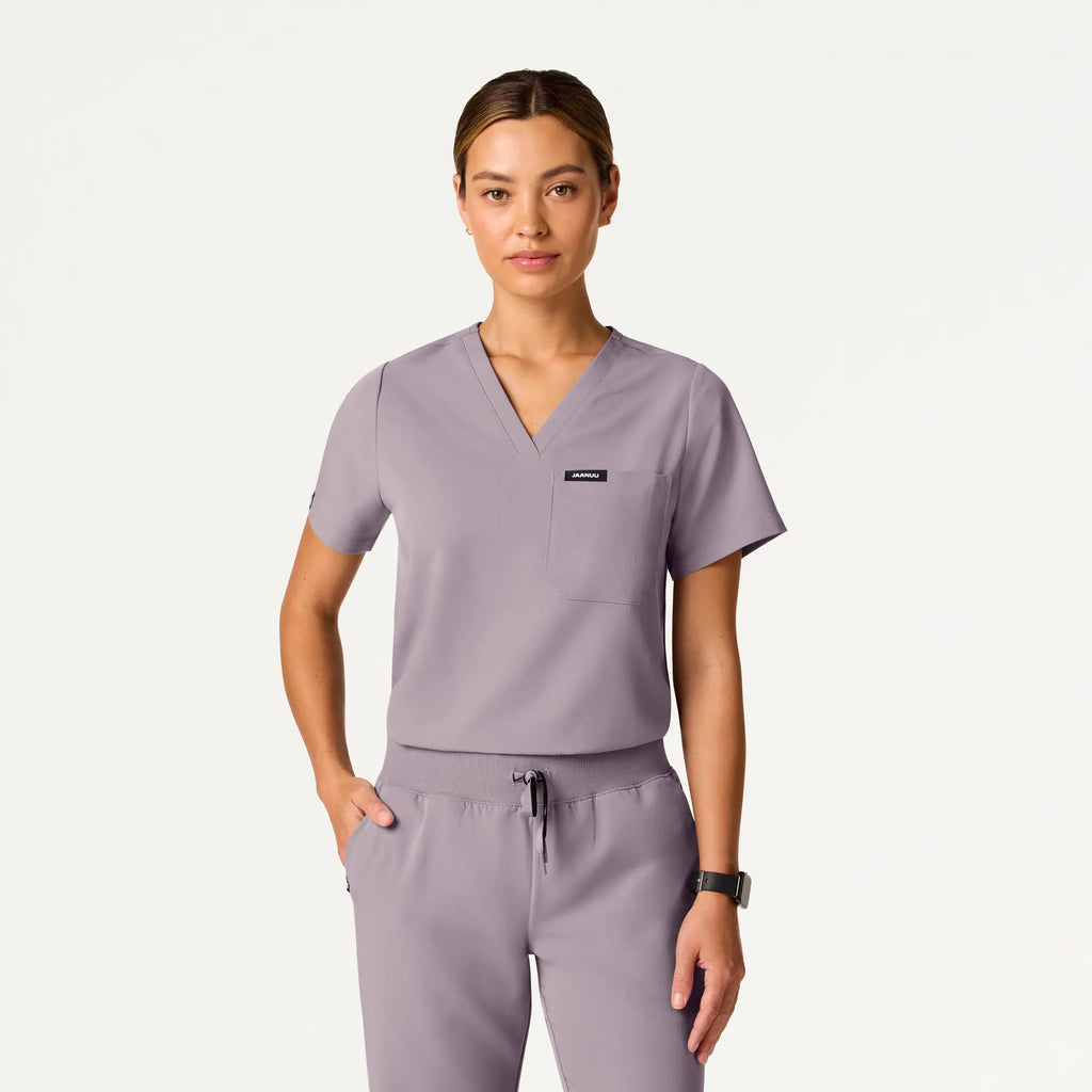 Jaanuu Scrubs Women's Rhena Essential 1-Pocket Scrub Top Chrome | scrub-supply.com