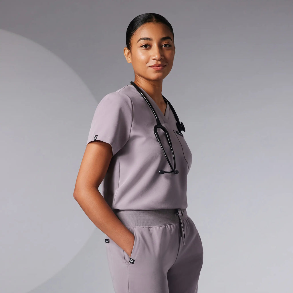 Jaanuu Scrubs Women's Rhena Essential 1-Pocket Scrub Top Chrome | scrub-supply.com