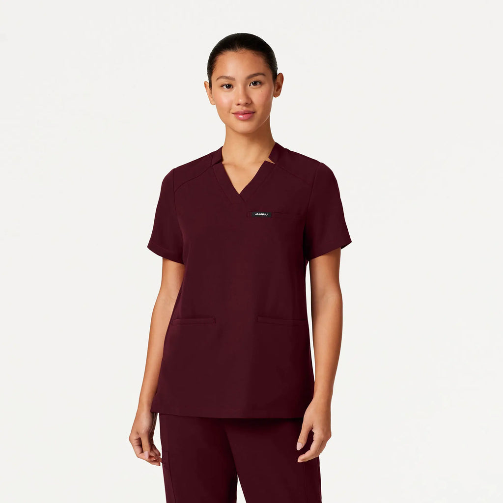 Jaanuu Scrubs Women's Helia Notched V-Neck Scrub Top Burgundy | scrub-supply.com