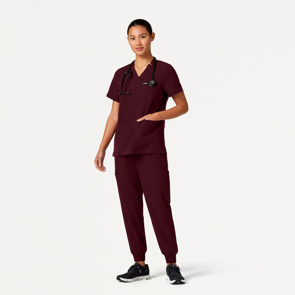 Jaanuu Scrubs Women's Helia Notched V-Neck Scrub Top Burgundy | scrub-supply.com