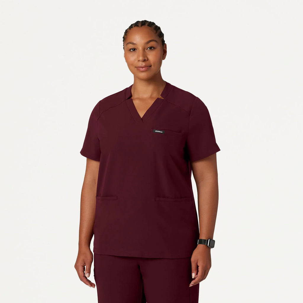 Jaanuu Scrubs Women's Helia Notched V-Neck Scrub Top Burgundy | scrub-supply.com