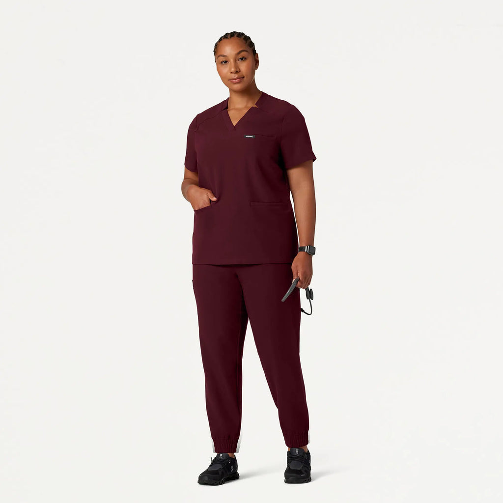 Jaanuu Scrubs Women's Helia Notched V-Neck Scrub Top Burgundy | scrub-supply.com