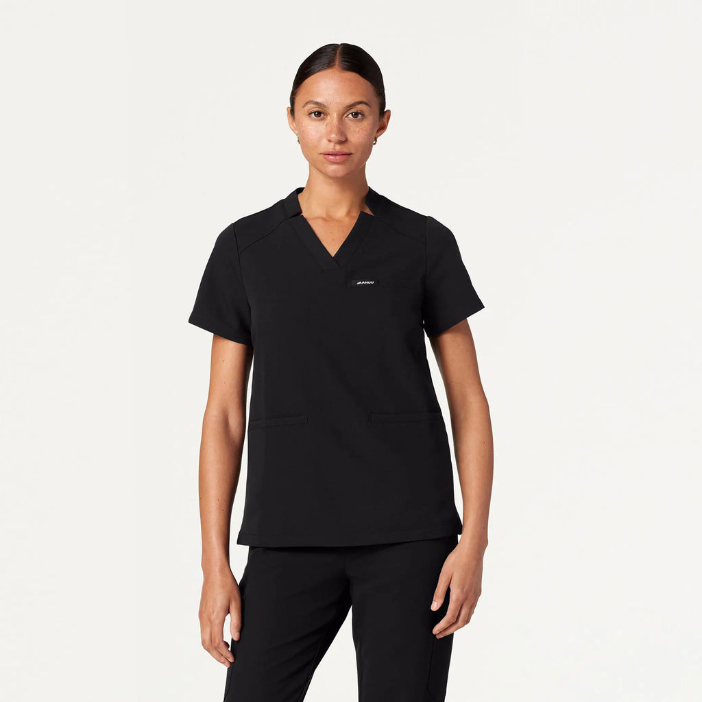 Jaanuu Scrubs Women's Helia Notched V-Neck Scrub Top Black | scrub-supply.com