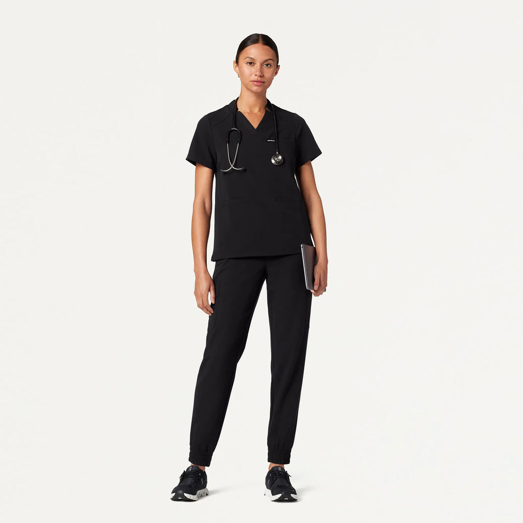 Jaanuu Scrubs Women's Helia Notched V-Neck Scrub Top Black | scrub-supply.com