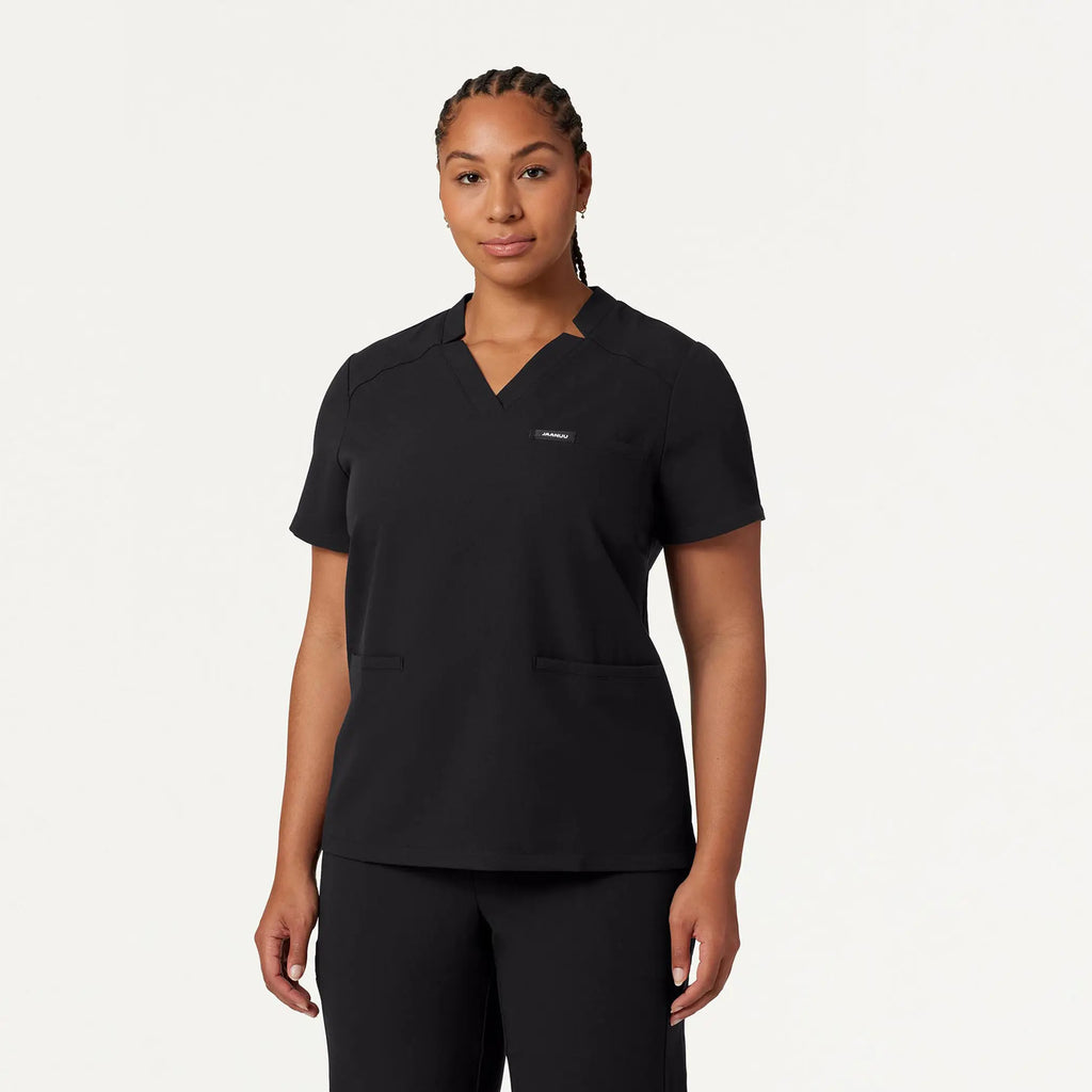 Jaanuu Scrubs Women's Helia Notched V-Neck Scrub Top Black | scrub-supply.com