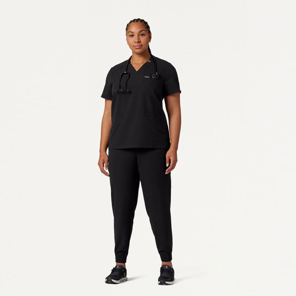 Jaanuu Scrubs Women's Helia Notched V-Neck Scrub Top Black | scrub-supply.com