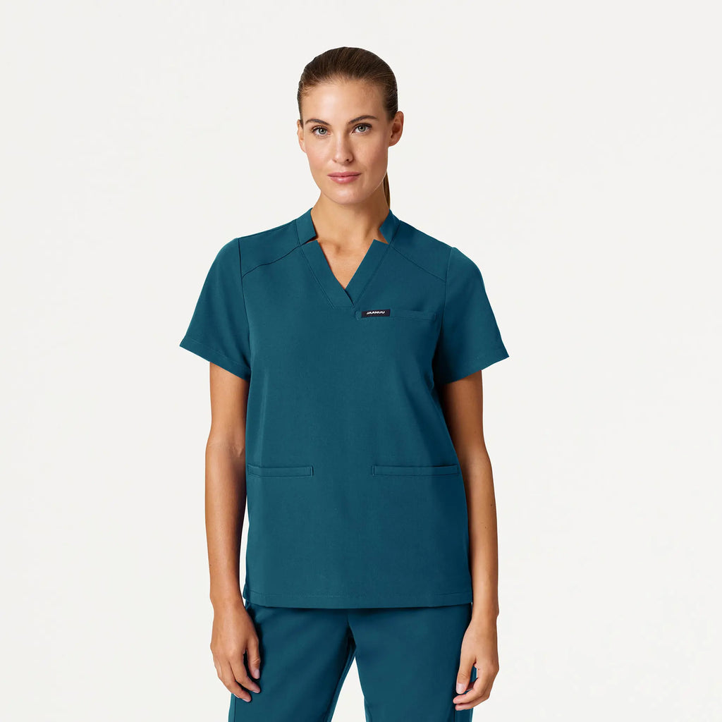 Jaanuu Scrubs Women's Helia Notched V-Neck Scrub Top Caribbean Blue | scrub-supply.com