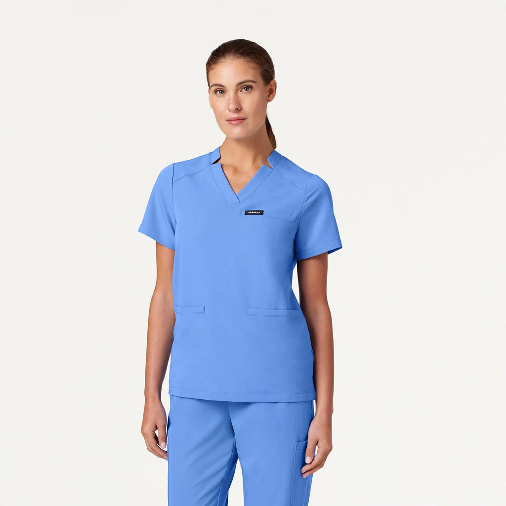 Jaanuu Scrubs Women's Helia Notched V-Neck Scrub Top Ceil Blue | scrub-supply.com