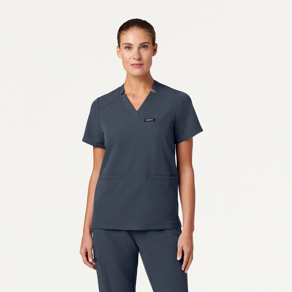 Jaanuu Scrubs Women's Helia Notched V-Neck Scrub Top Carbon Gray | scrub-supply.com