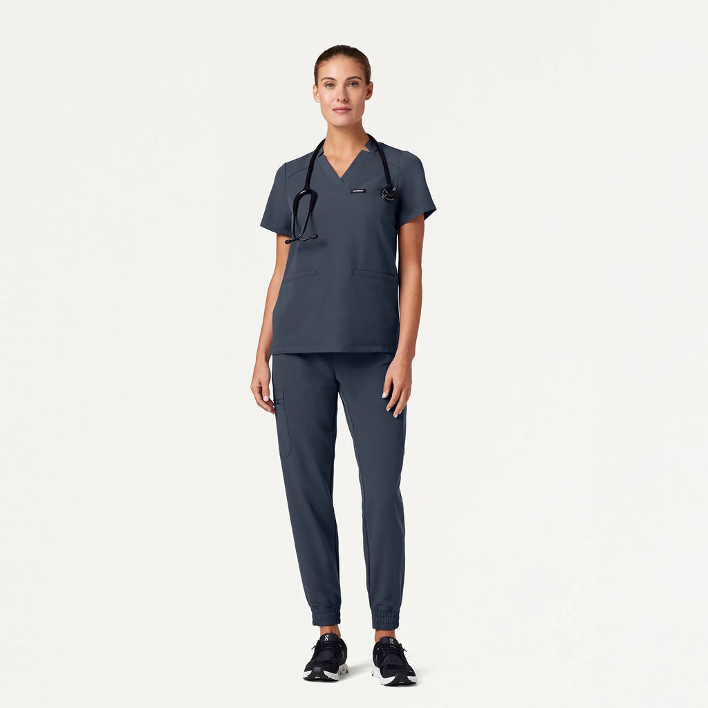 Jaanuu Scrubs Women's Helia Notched V-Neck Scrub Top Carbon Gray | scrub-supply.com