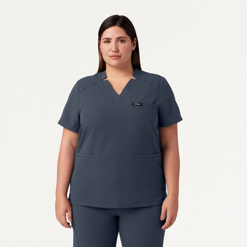 Jaanuu Scrubs Women's Helia Notched V-Neck Scrub Top Carbon Gray | scrub-supply.com