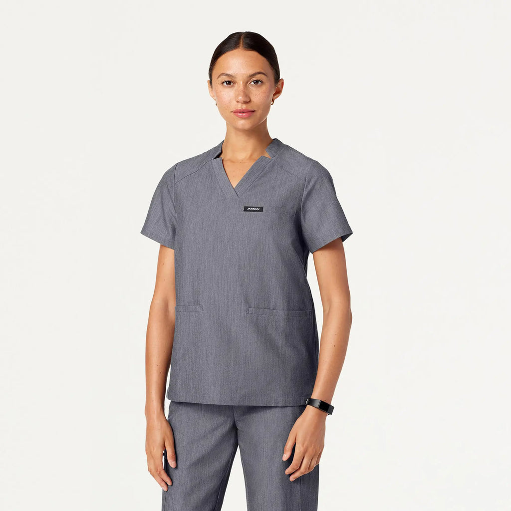 Jaanuu Scrubs Women's Helia Notched V-Neck Scrub Top Heather Gray | scrub-supply.com