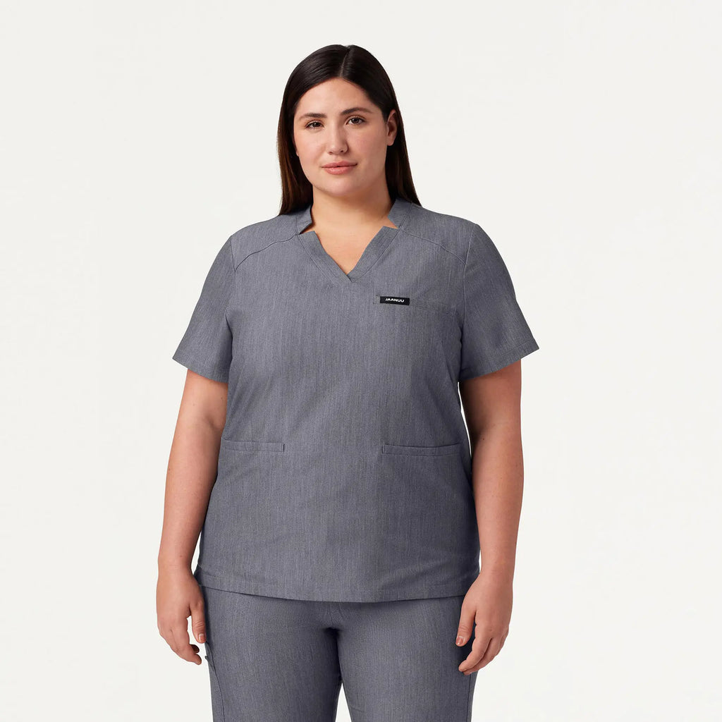 Jaanuu Scrubs Women's Helia Notched V-Neck Scrub Top Heather Gray | scrub-supply.com