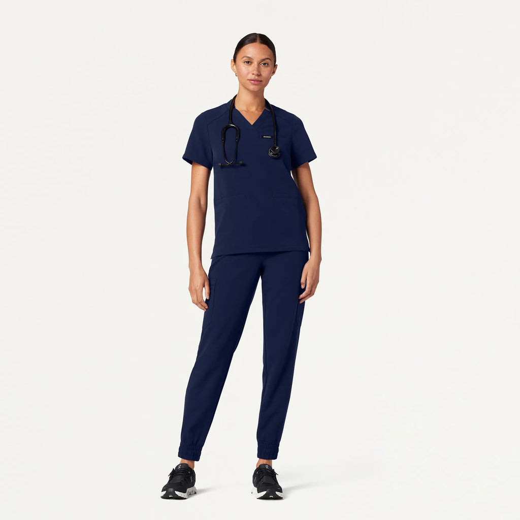 Jaanuu Scrubs Women's Helia Notched V-Neck Scrub Top Midnight Navy | scrub-supply.com