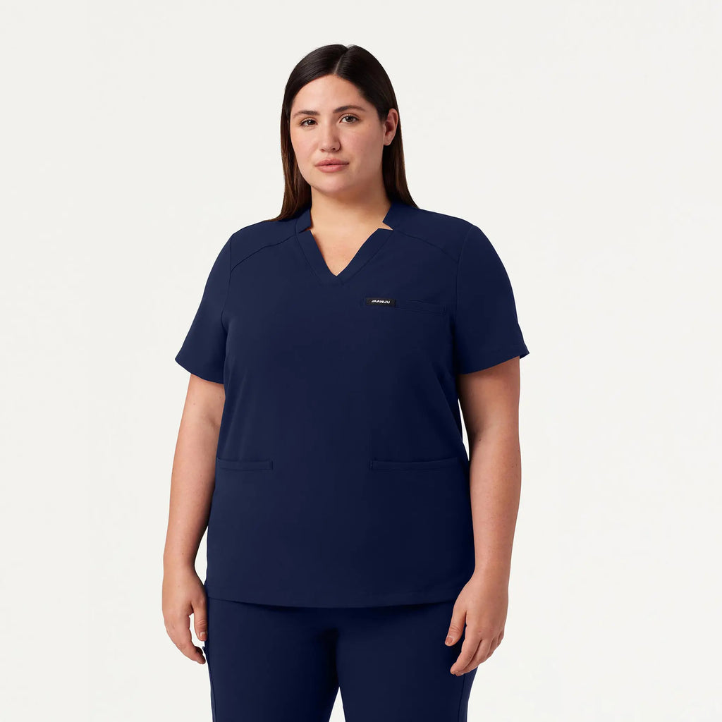 Jaanuu Scrubs Women's Helia Notched V-Neck Scrub Top Midnight Navy | scrub-supply.com