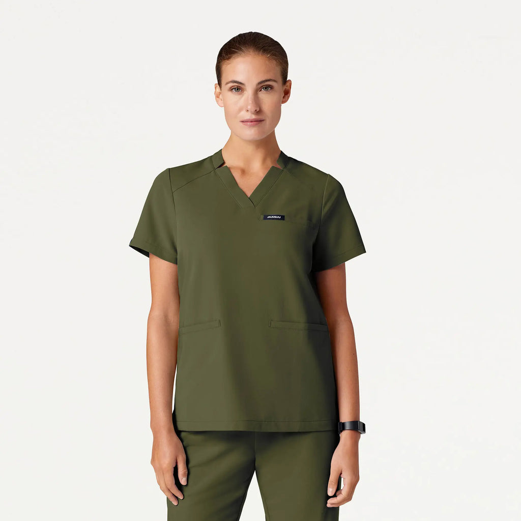 Jaanuu Scrubs Women's Helia Notched V-Neck Scrub Top Olive | scrub-supply.com