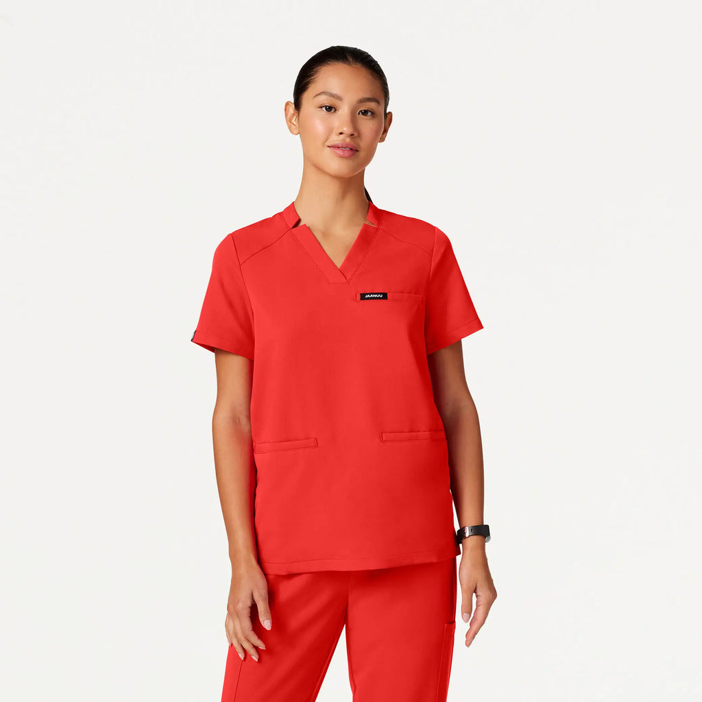 Jaanuu Scrubs Women's Helia Notched V-Neck Scrub Top Solar Red | scrub-supply.com