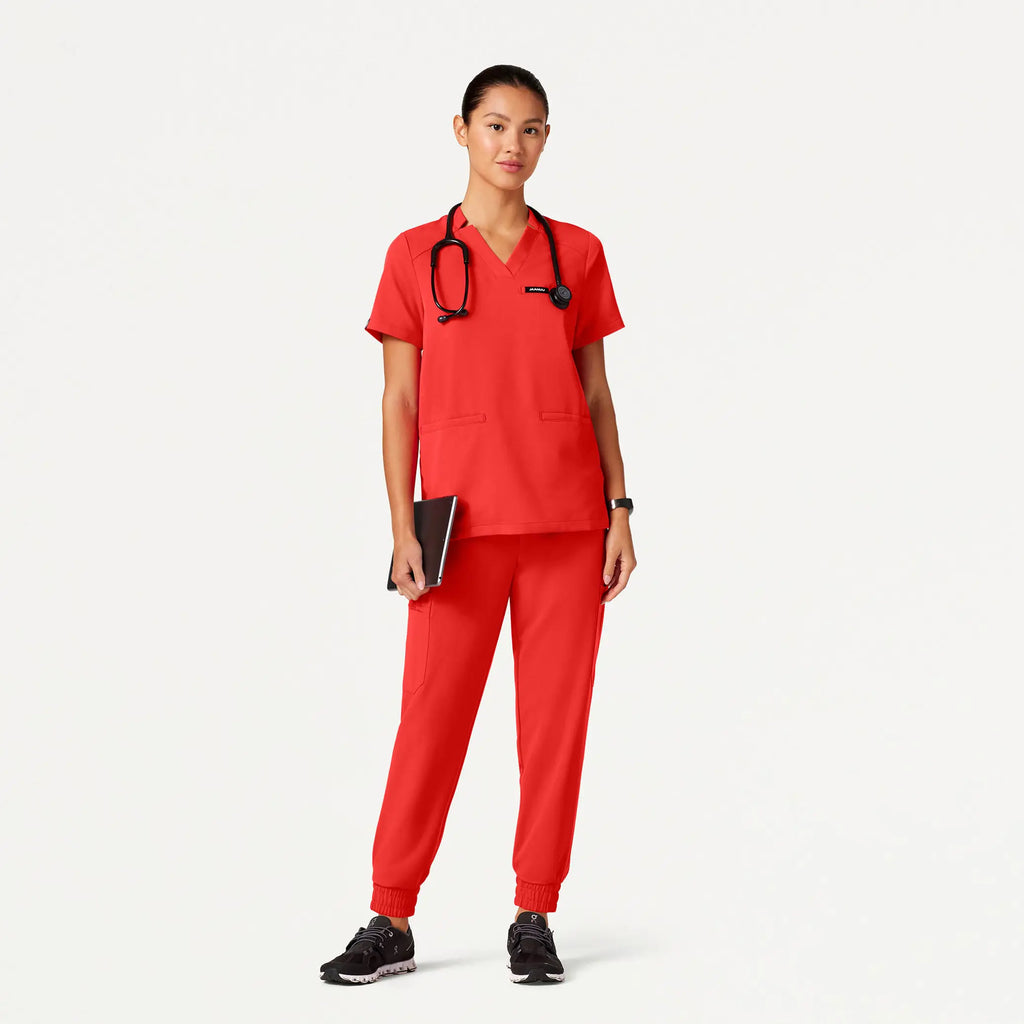 Jaanuu Scrubs Women's Helia Notched V-Neck Scrub Top Solar Red | scrub-supply.com