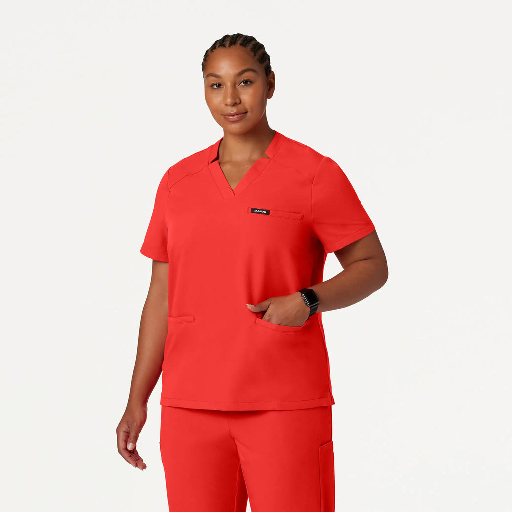 Jaanuu Scrubs Women's Helia Notched V-Neck Scrub Top Solar Red | scrub-supply.com