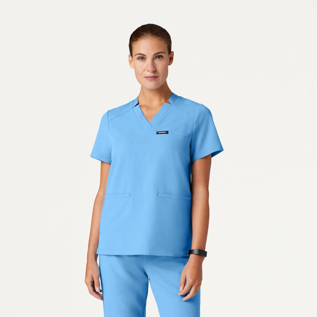 Jaanuu Scrubs Women's Helia Notched V-Neck Scrub Top Sky Blue | scrub-supply.com