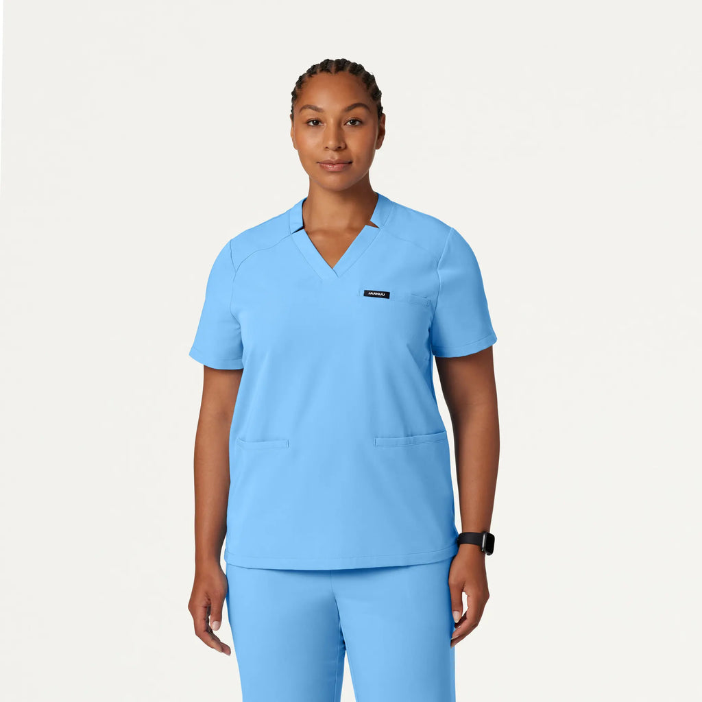 Jaanuu Scrubs Women's Helia Notched V-Neck Scrub Top Sky Blue | scrub-supply.com