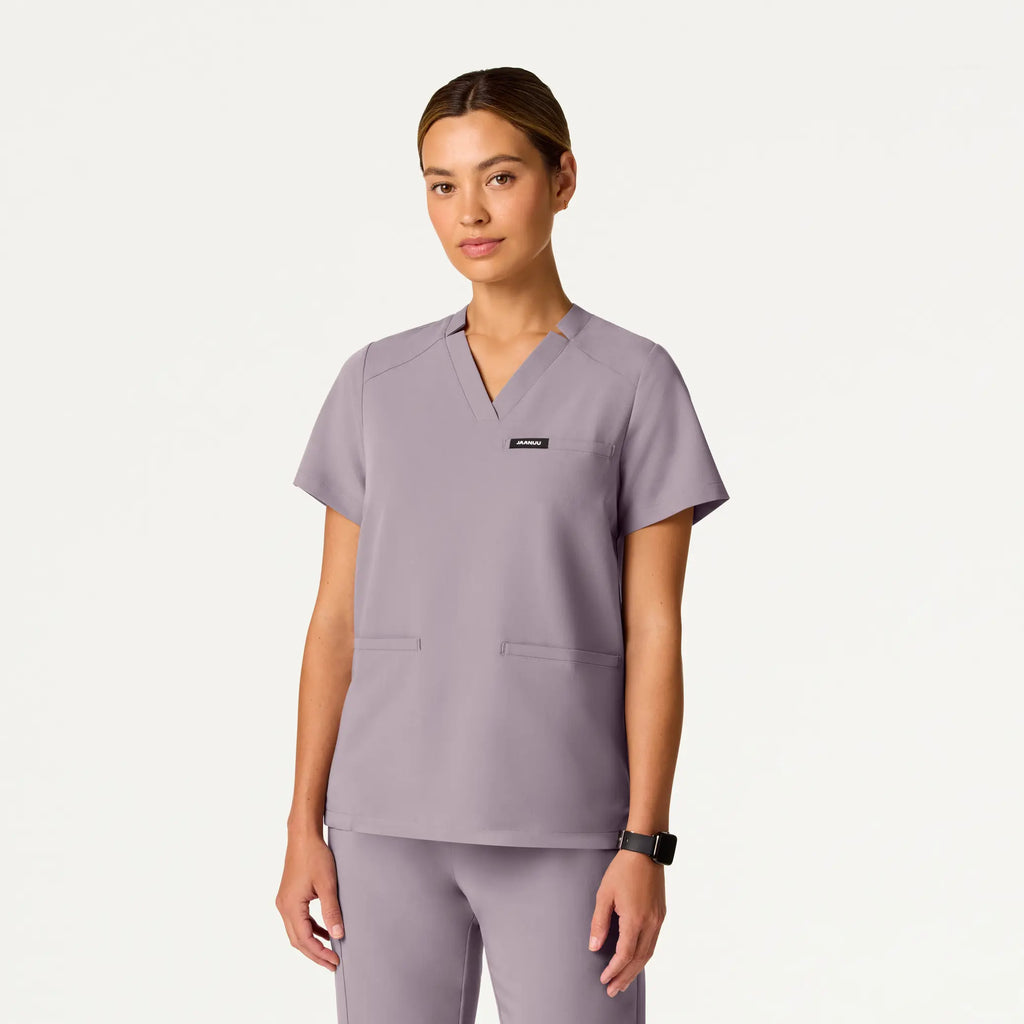 Jaanuu Scrubs Women's Helia Notched V-Neck Scrub Top Chrome | scrub-supply.com