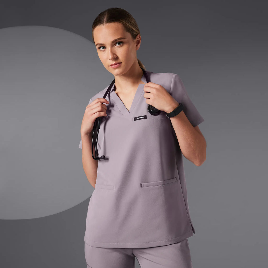 Jaanuu Scrubs Women's Helia Notched V-Neck Scrub Top Chrome | scrub-supply.com