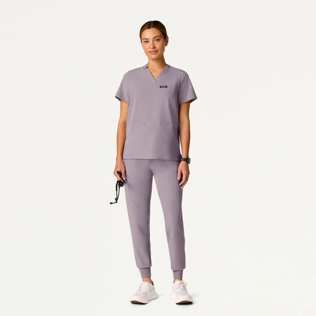 Jaanuu Scrubs Women's Helia Notched V-Neck Scrub Top Chrome | scrub-supply.com