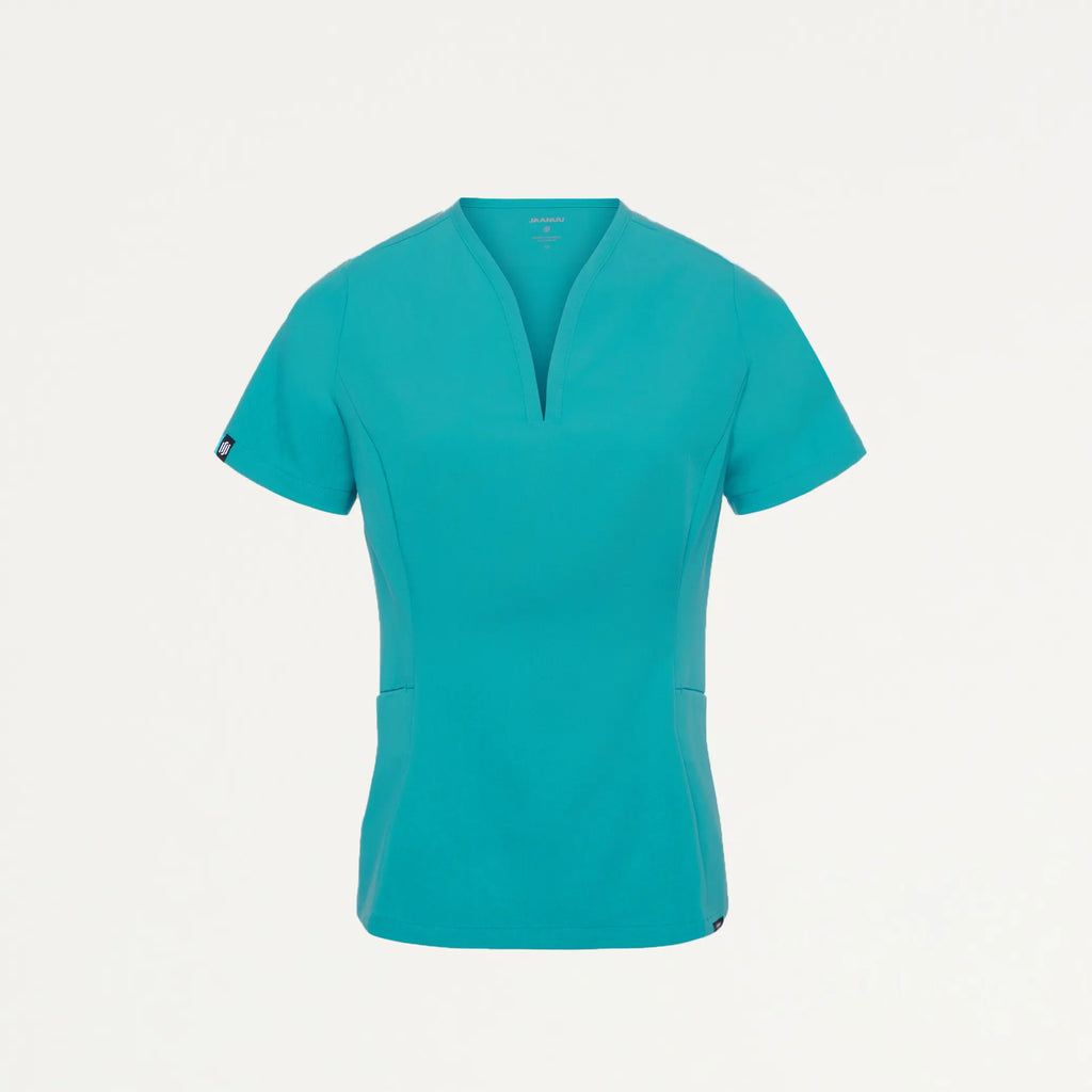 Jaanuu Scrubs Women's Calix Fit & Flare Scrub Top Aqua | scrub-supply.com