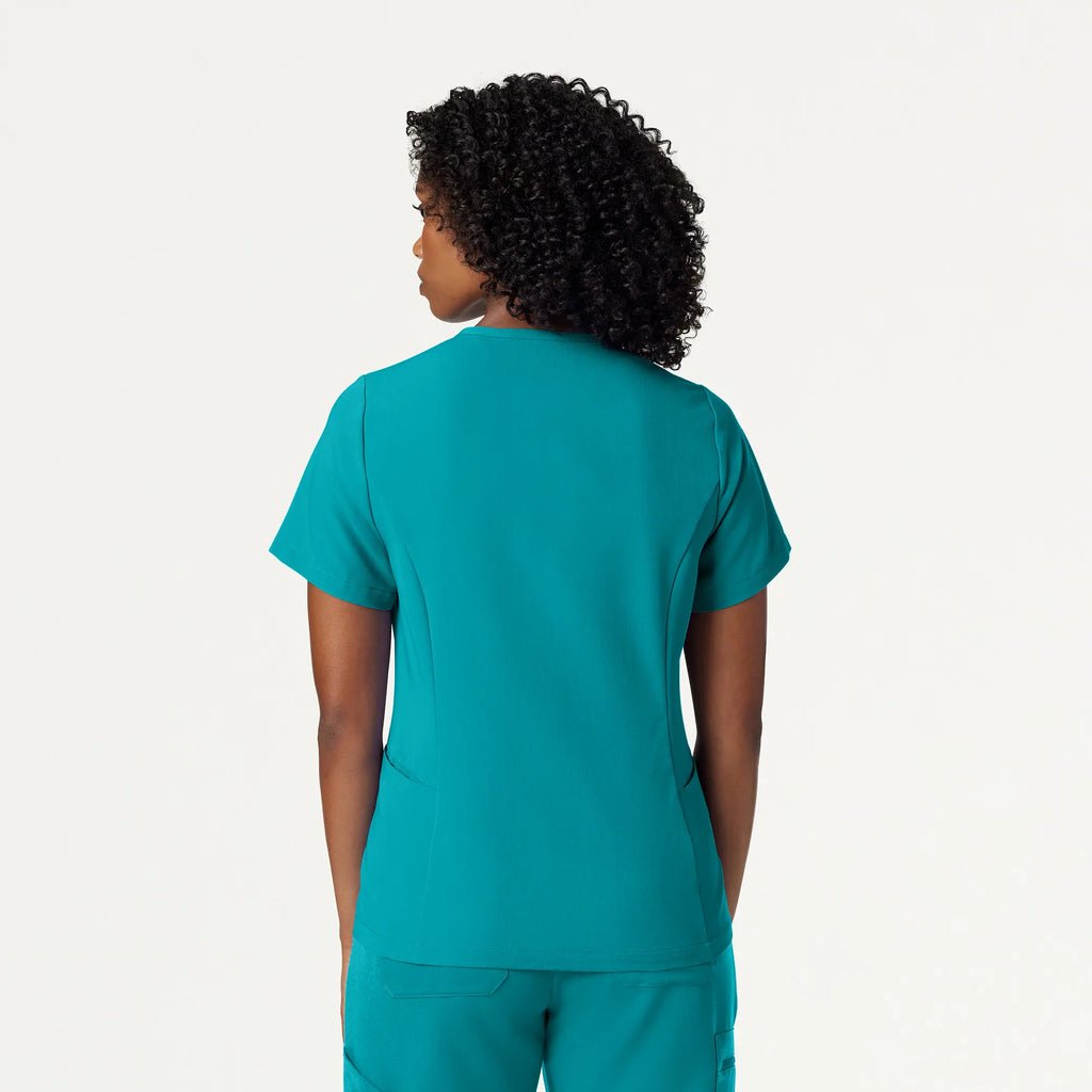 Jaanuu Scrubs Women's Calix Fit & Flare Scrub Top Aqua | scrub-supply.com