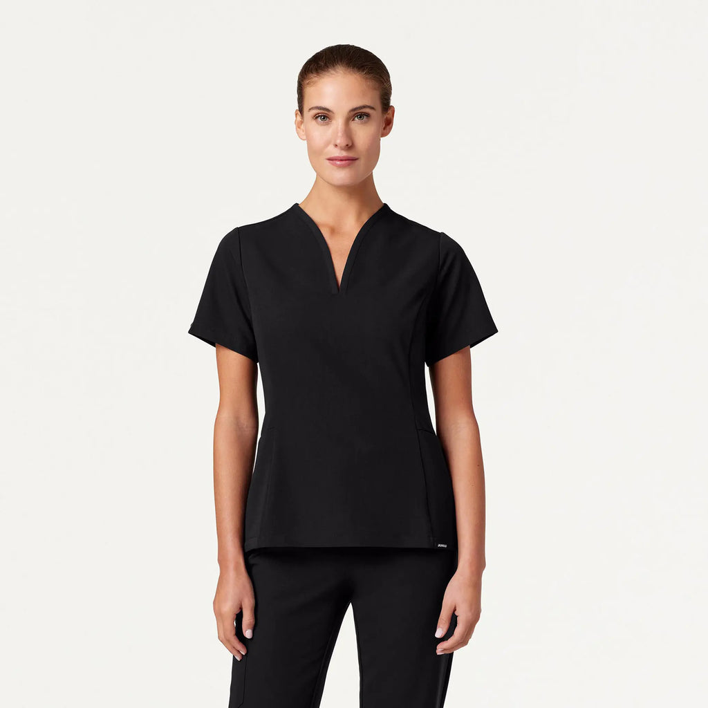 Jaanuu Scrubs Women's Calix Fit & Flare Scrub Top Black | scrub-supply.com