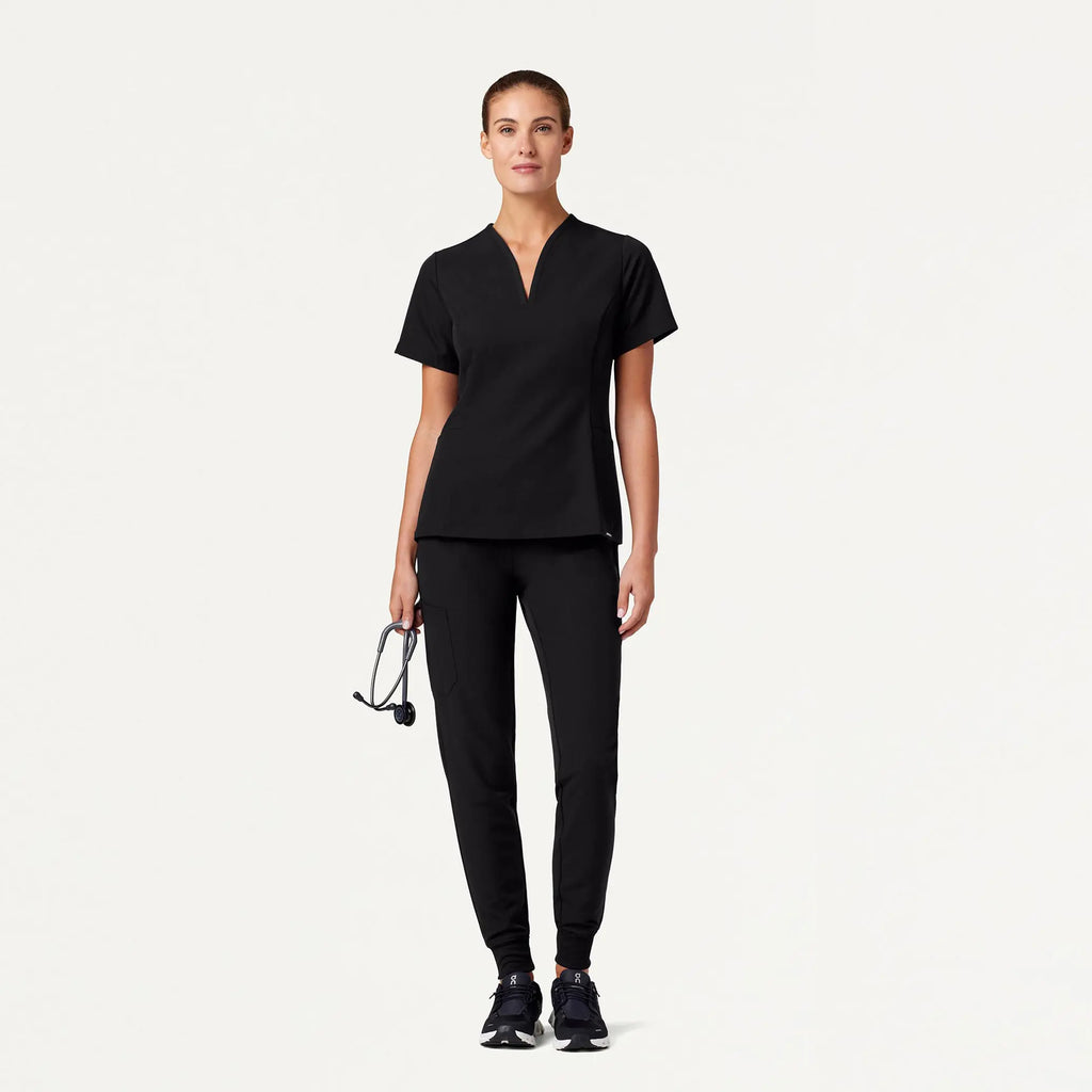 Jaanuu Scrubs Women's Calix Fit & Flare Scrub Top Black | scrub-supply.com