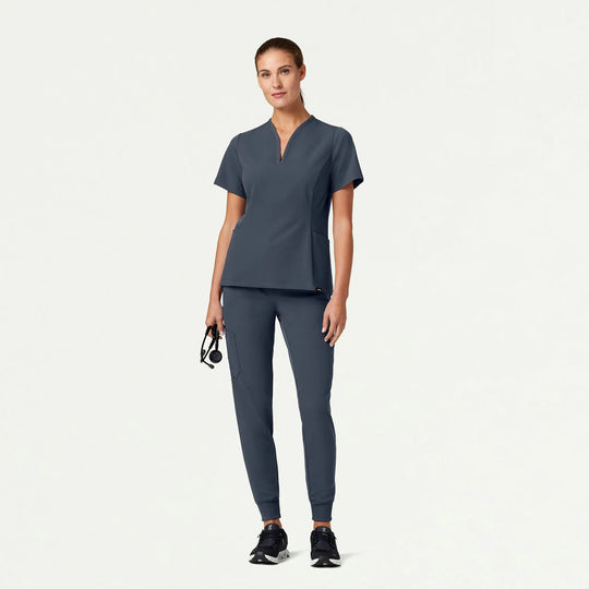 Jaanuu Scrubs Women's Calix Fit & Flare Scrub Top Carbon Gray | scrub-supply.com