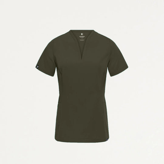 Jaanuu Scrubs Women's Calix Fit & Flare Scrub Top Deep Olive | scrub-supply.com