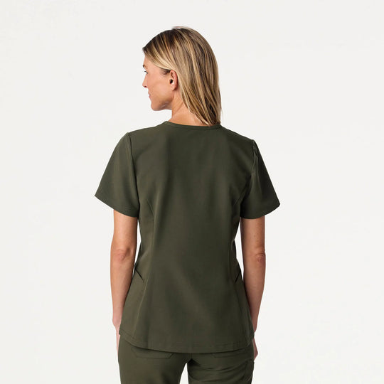 Jaanuu Scrubs Women's Calix Fit & Flare Scrub Top Deep Olive | scrub-supply.com
